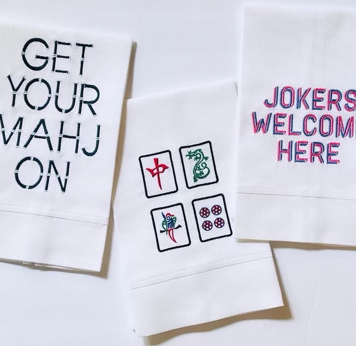 embroidered cotton pique hand towels with mahjong stitching